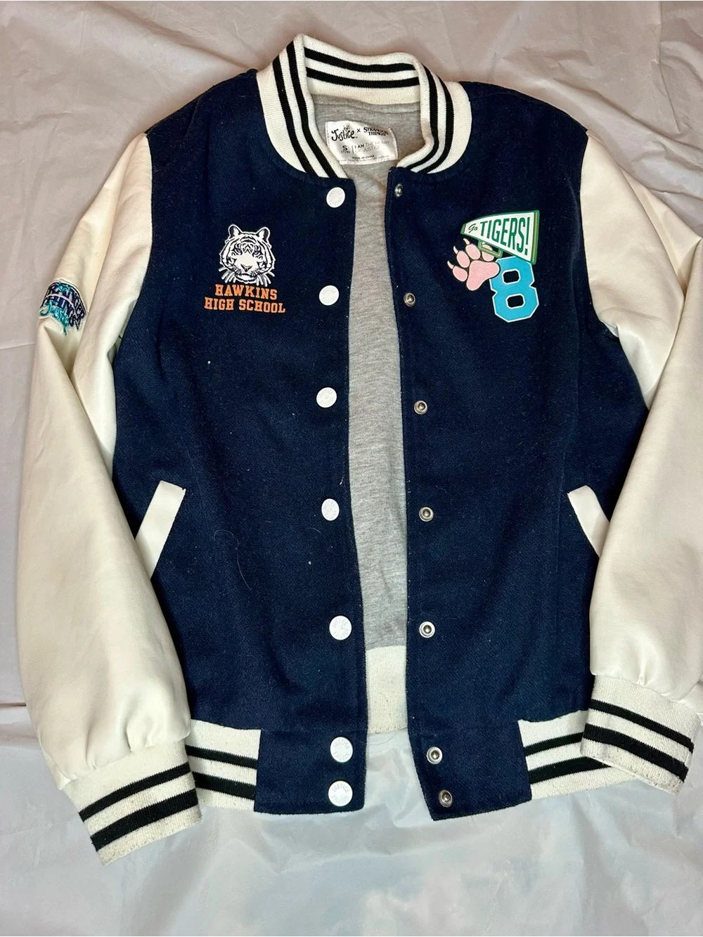Justice Navy and White Girls' Varsity Jacket with Patch Details STRANGER THINGS